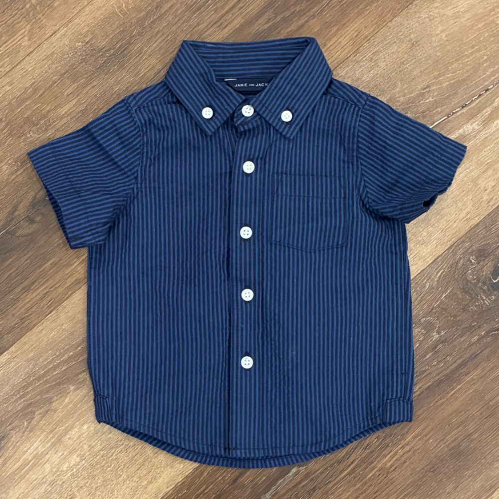 Janie & Jack Blue Stripe Button Up Down Short Sleeve Dress Shirt Top 6-12m